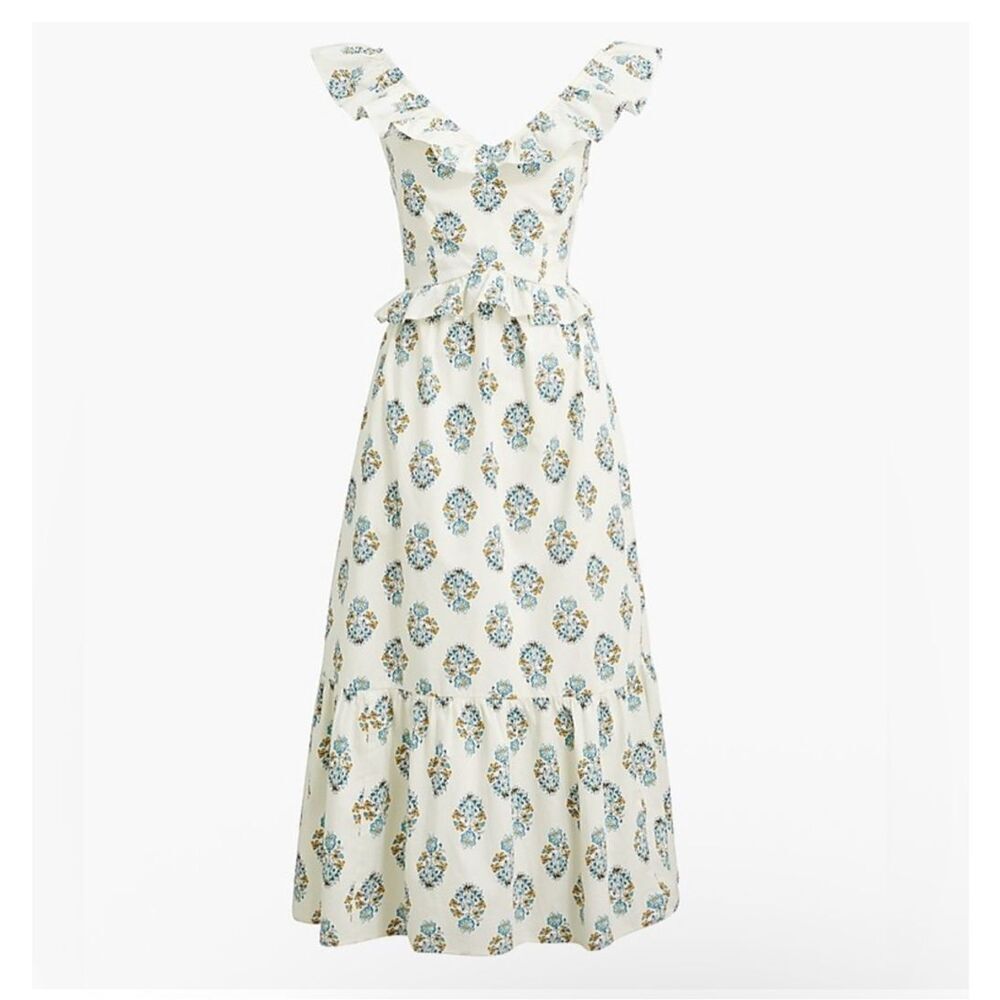 J. Crew Factory Cream Midi Dress with Blue Floral Print - Picture 14 of 14